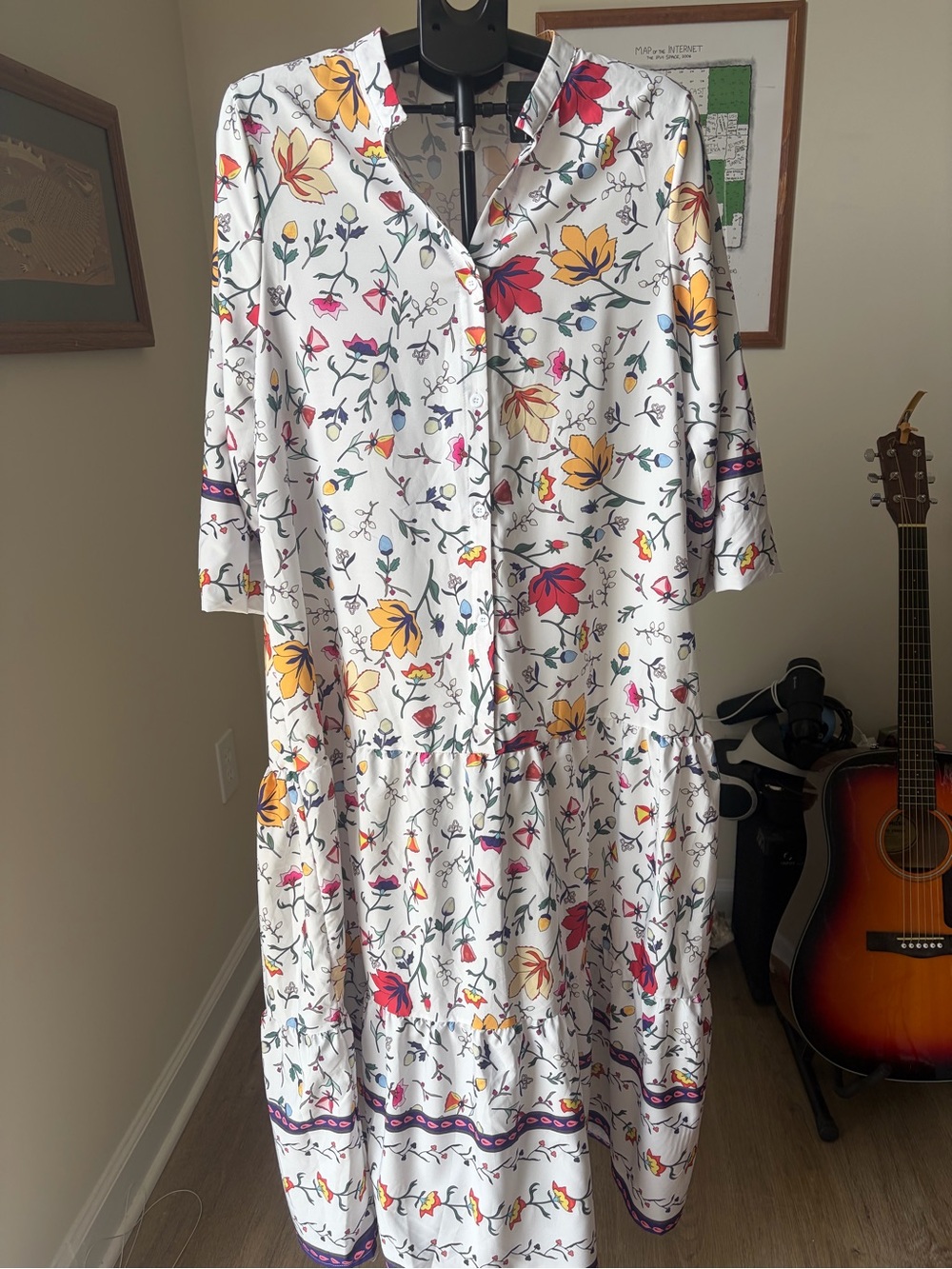 Cottagecore | White Floral Tiered Midi Dress with Purple Trim